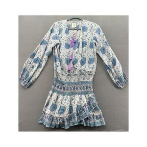 Bell by Alicia Bell Dress Blue Paisley Block Print Smocked Mini Purple Tassels L